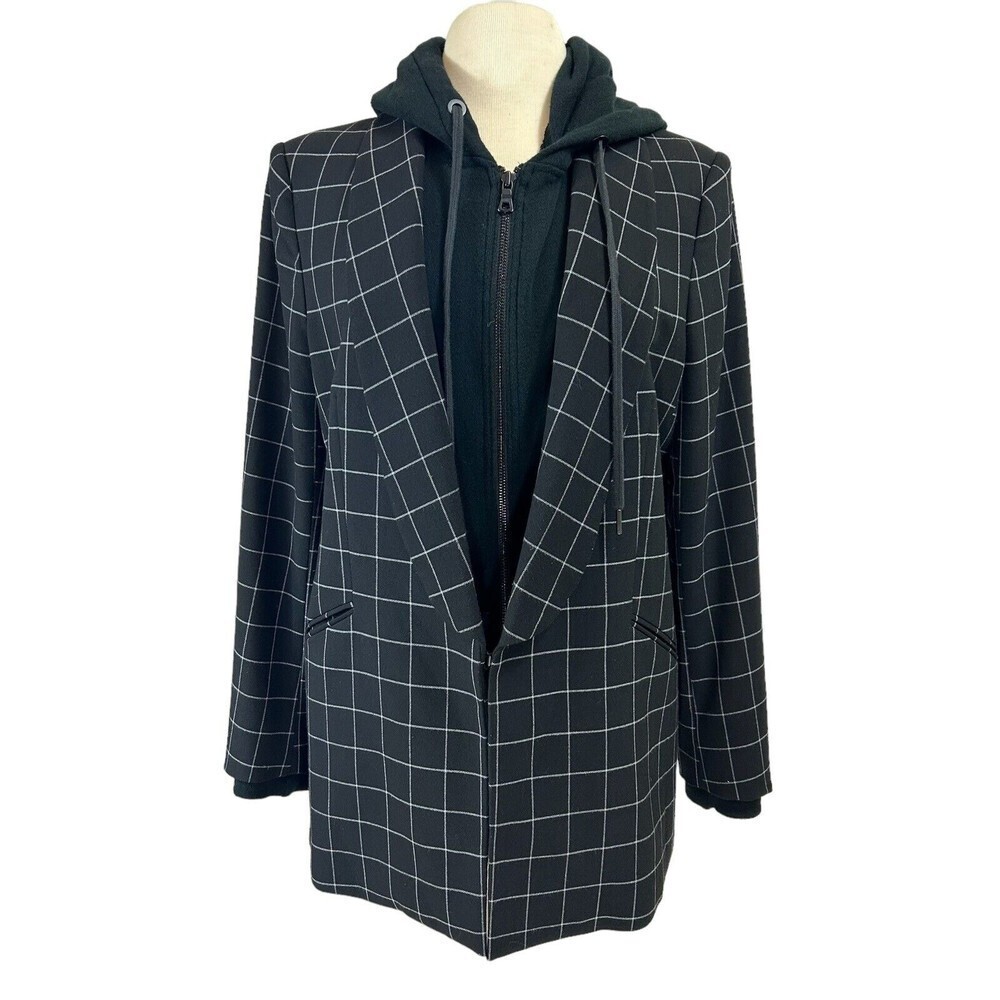 Alice + Olivia Jacket Women Large Black Skye Hooded Sweatshirt Plaid Boyfriend